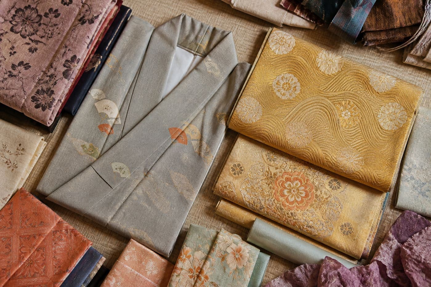 Folded vintage kimono and gold obi arranged as a daily sourcing haul