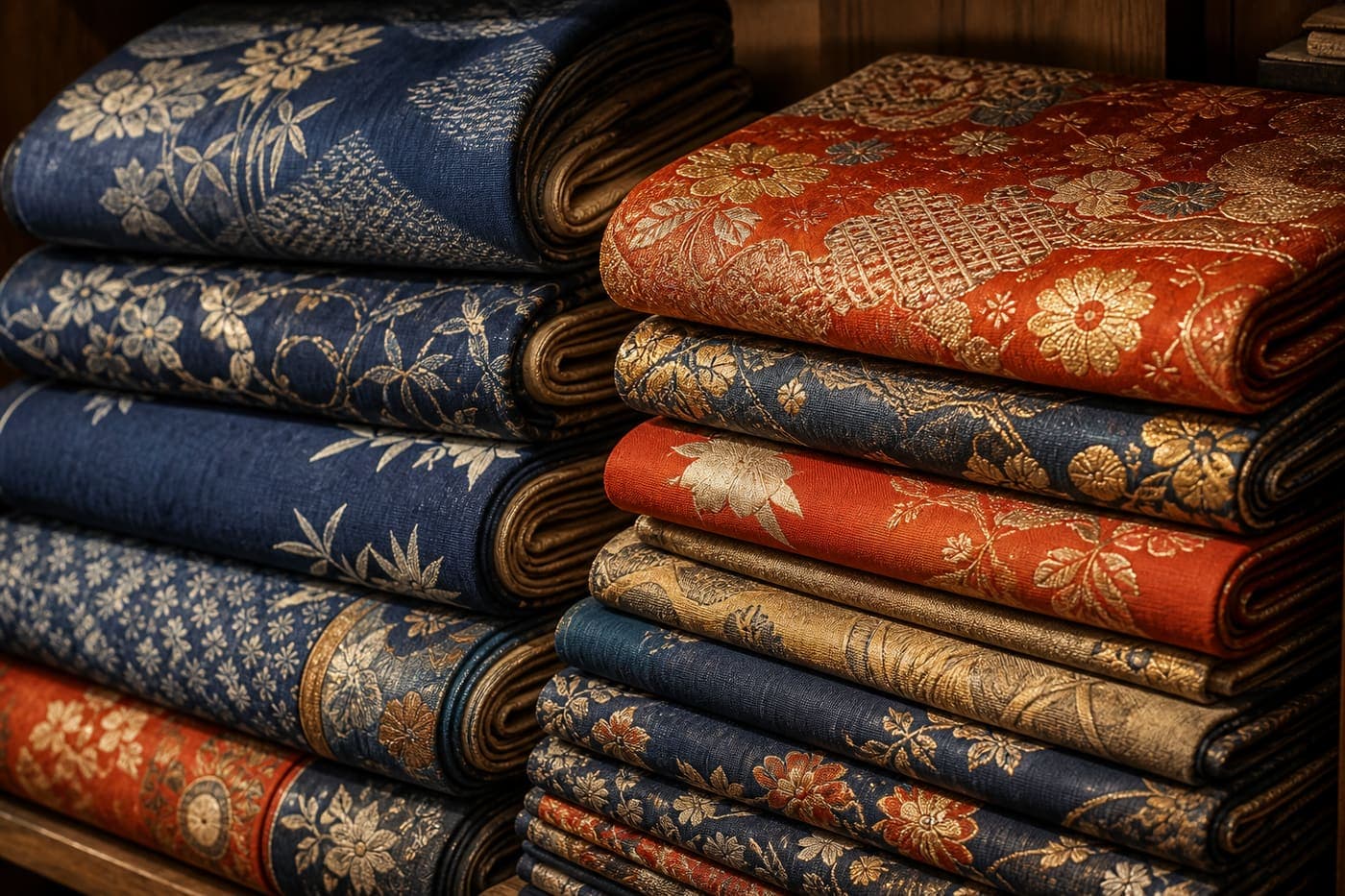 Stacked vintage Japanese silk bolts in indigo, vermillion, and gold