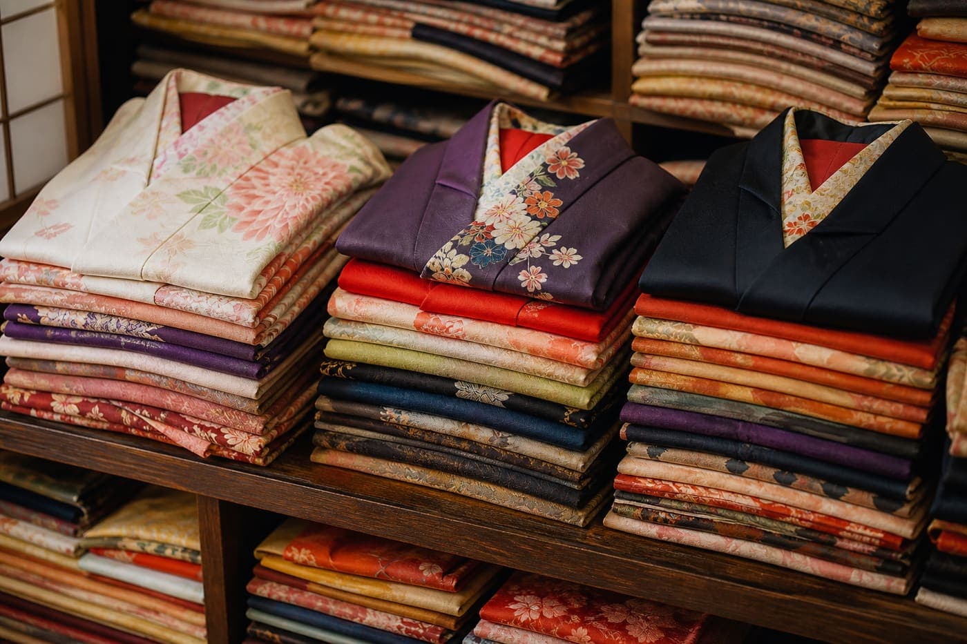 Stacks of folded vintage kimono with visible silk collars