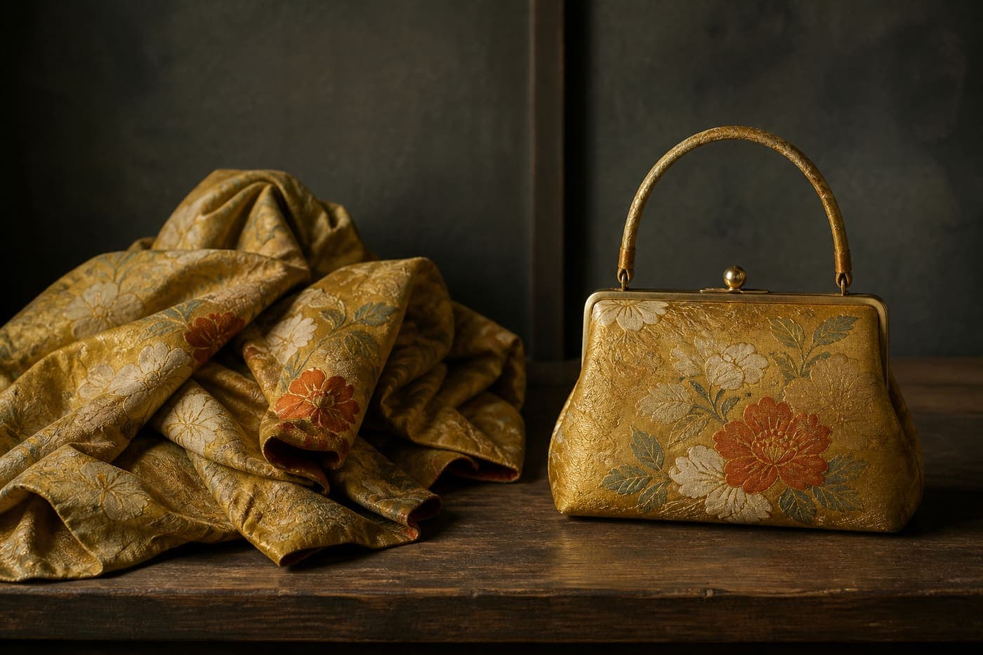 Vintage kimono silk beside a finished handmade purse