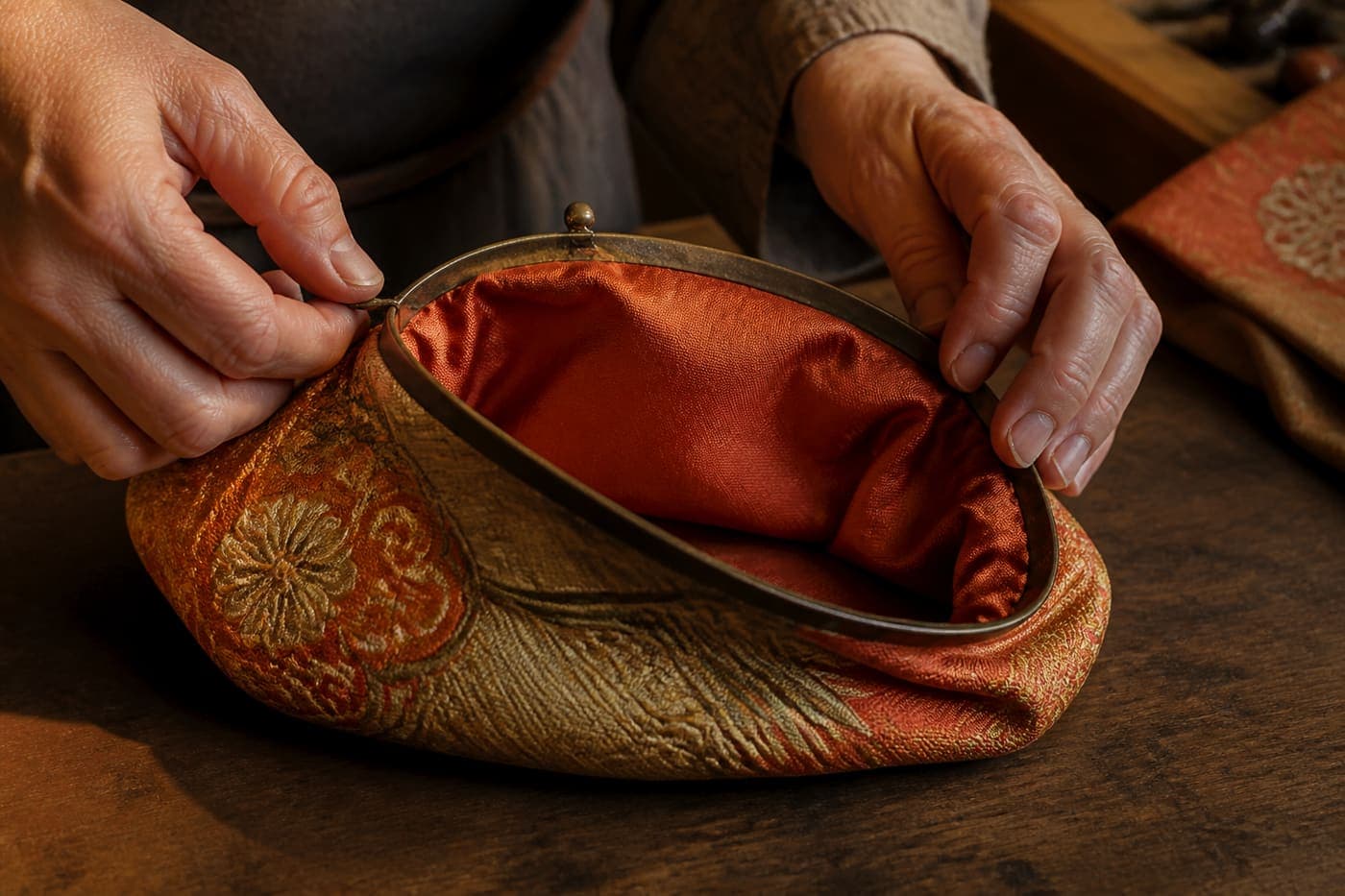 Finished silk purse lining being inspected