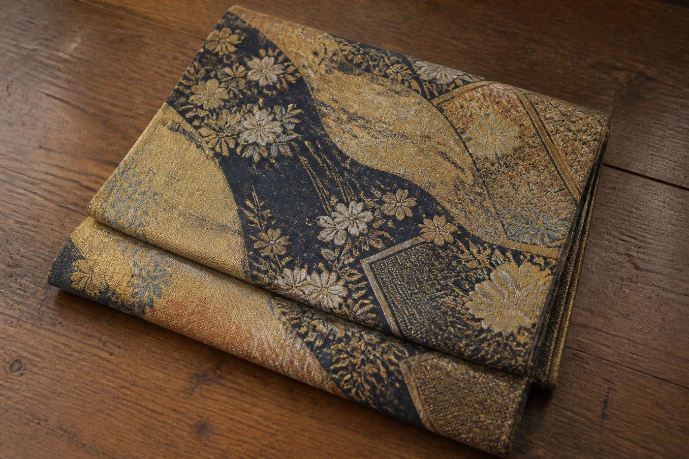 Vintage gold and navy obi before being made into a purse