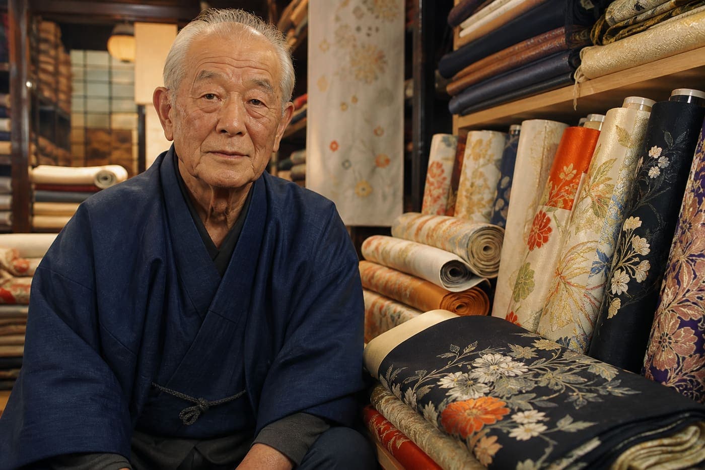 Kyoto textile vendor with vintage kimono silk